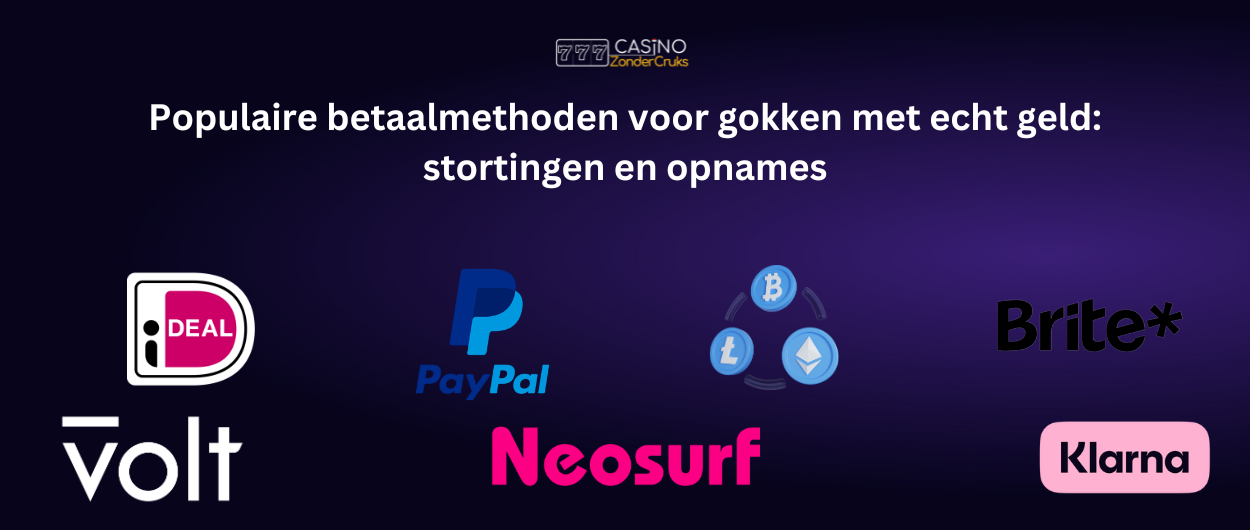 Populaire betaalmethoden voor gokken met echt geld, waaronder iDEAL, PayPal, Volt, Neosurf, Brite en Klarna, met ook enkele cryptocurrency-symbolen voor Bitcoin, Litecoin en Ethereum.