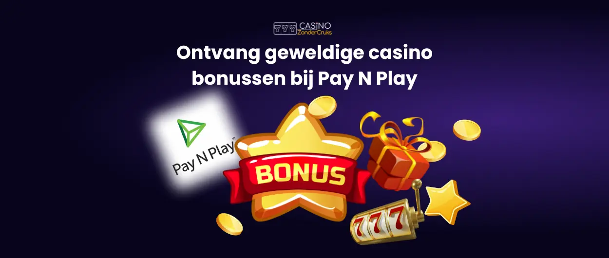 Pay N Play logo met bonusster, cadeau en casinospullen zoals munten en een gokkast.