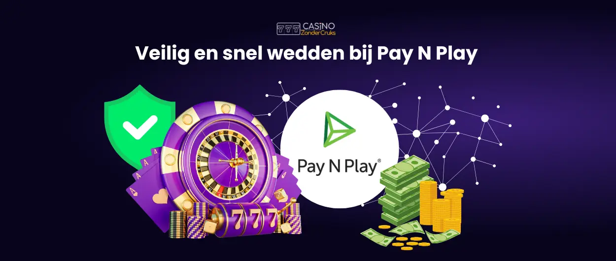 Roulettewiel met Pay N Play logo, munten en een groen schild dat veilig en snel wedden symboliseert.