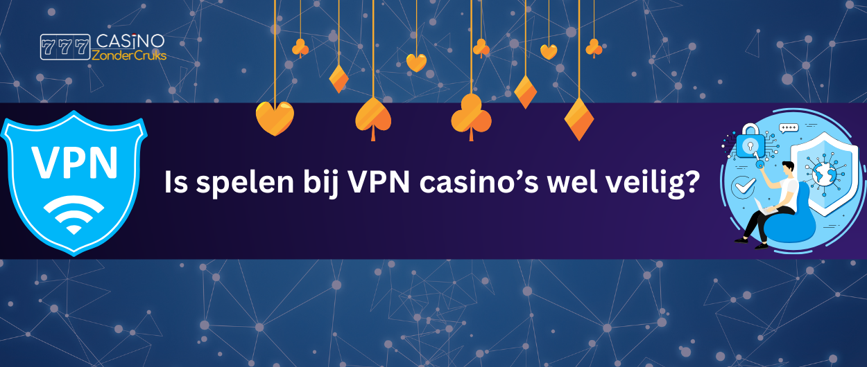 Afbeelding van een VPN-logo, een persoon die een laptop gebruikt en beveiligingspictogrammen.