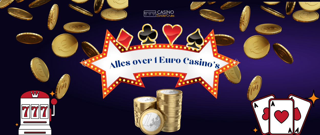 Gouden euromunten met bannertekst ‘Alles over 1 Euro Casino’s’, omringd door speelkaarten en gokkast.
