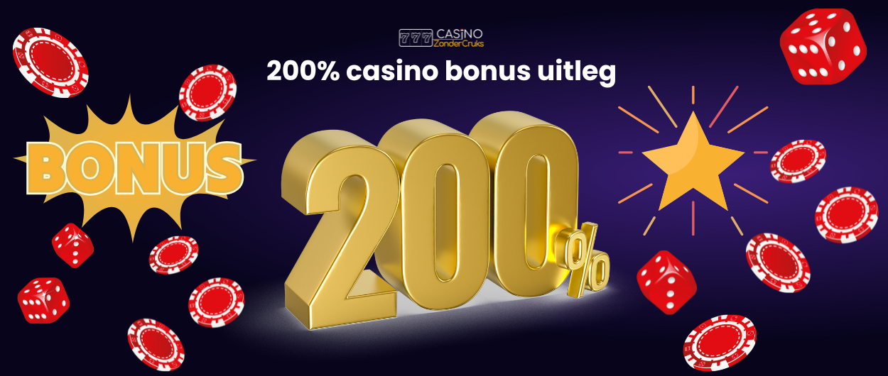 200% casino bonus uitleg met gouden cijfers, dobbelstenen en fiches.