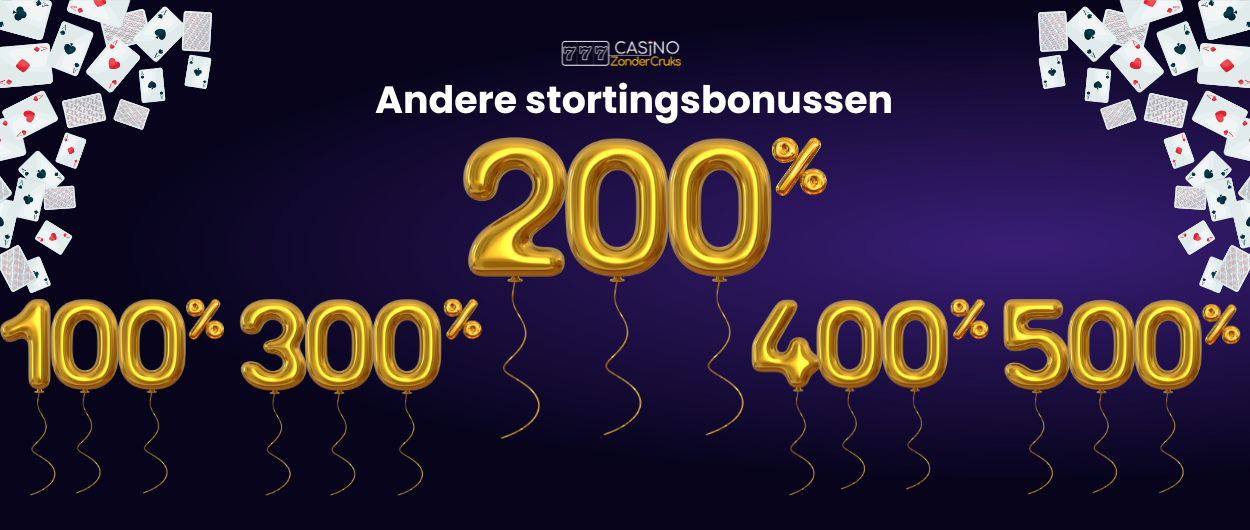 Verschillende stortingsbonussen van 100% tot 500% met gouden ballonletters en speelkaarten.