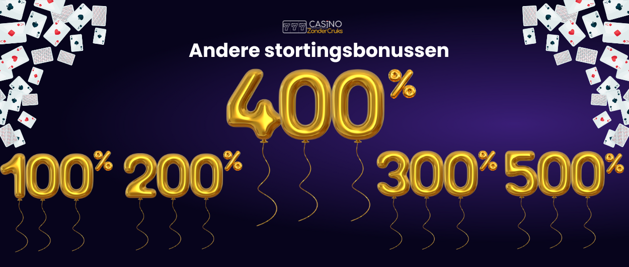 Andere stortingsbonussen met gouden ballonletters: 100%, 200%, 300%, 400%, 500% en speelkaarten op een donkere achtergrond.