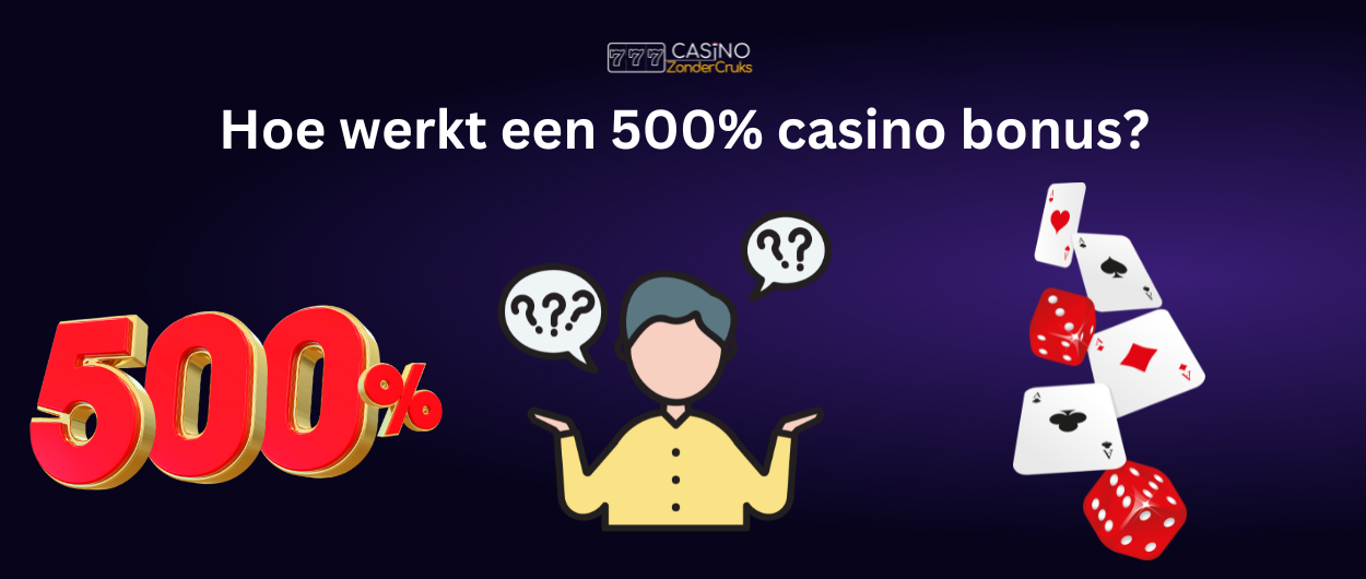  Een vraagteken boven een persoon die zich afvraagt hoe een 500% casino bonus werkt, met speelkaarten en dobbelstenen op de achtergrond.