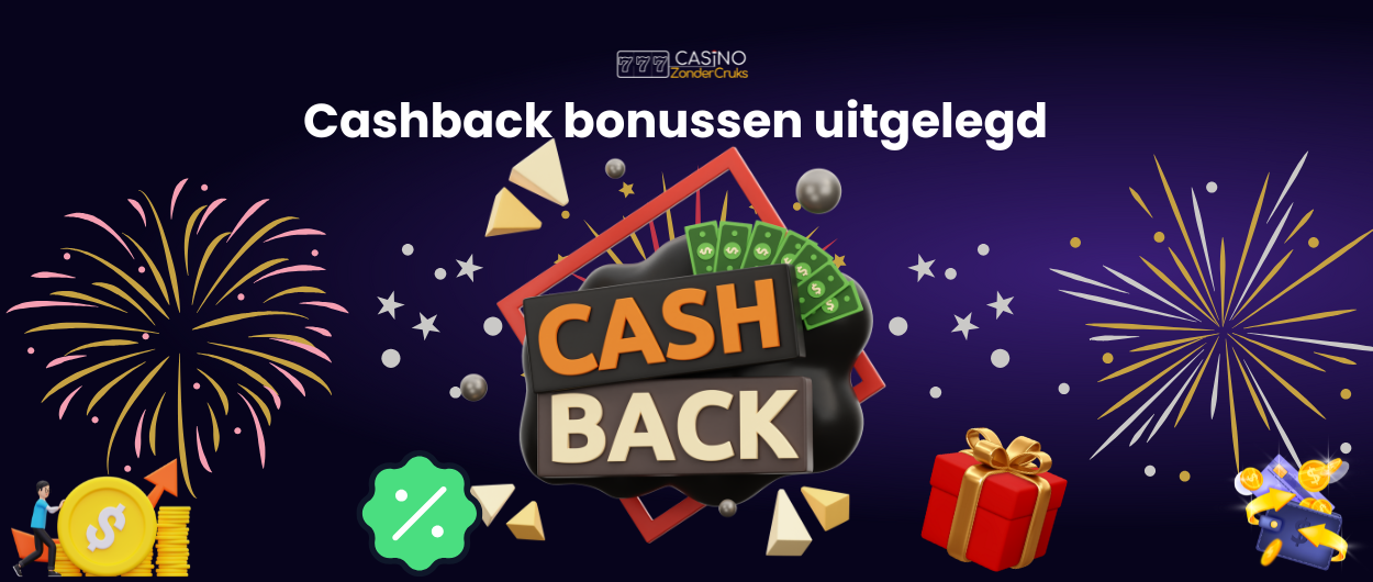Cashback bonus afbeelding met geld, vuurwerk, een cadeau en een ster, vergezeld van een tekst 'Cashback bonussen uitgelegd.