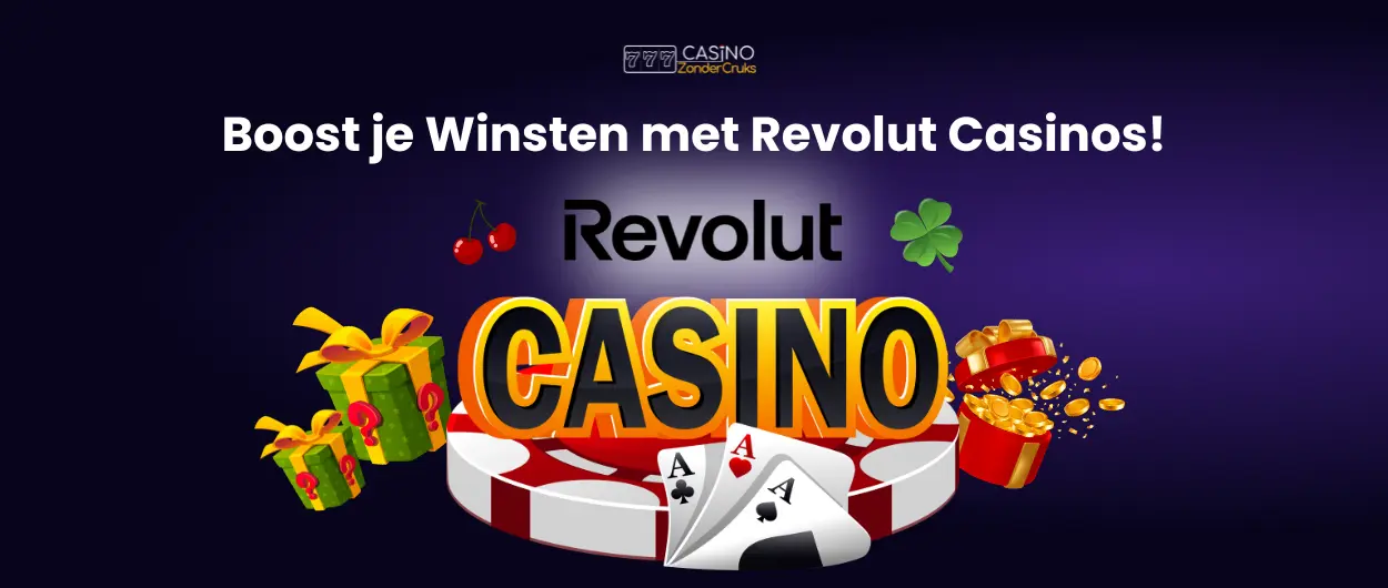 Revolut logo met een casinothema, inclusief geschenken, geschenken en kaarten, en de tekst 'Boost je Winsten met Revolut Casinos!