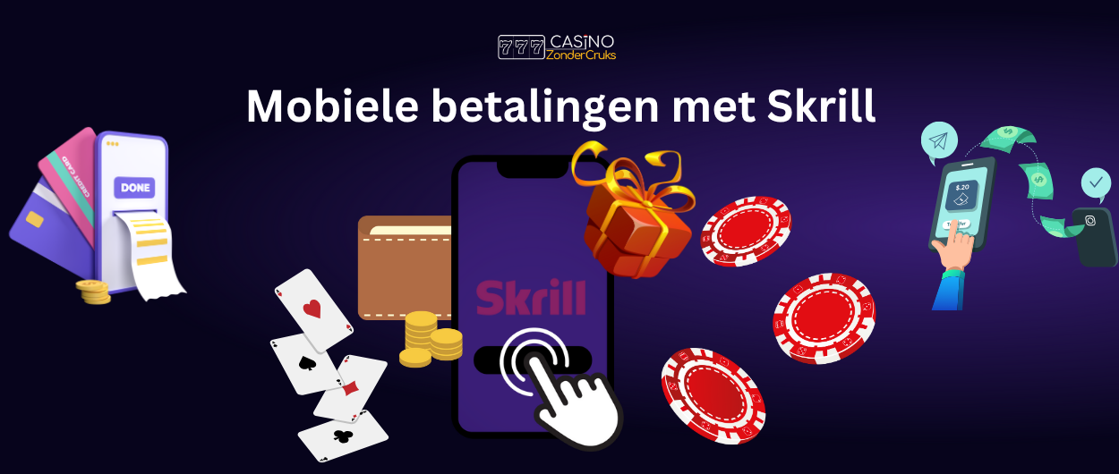 Mobiele betalingen met Skrill via smartphone, met fiches, speelkaarten en cadeaubox.