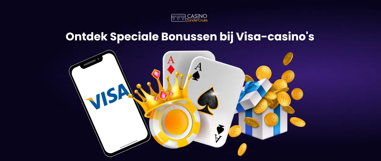 Afbeelding van een mobiel scherm met het Visa-logo, speelkaarten, een kroon, en munten die uit een cadeau vallen, symboliserend speciale bonussen bij Visa-casino's.