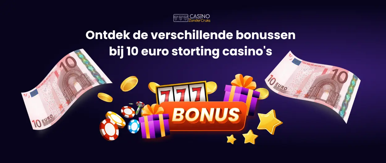 10 euro bankbiljet met casinospellen en cadeautjes die bonussen symboliseren.