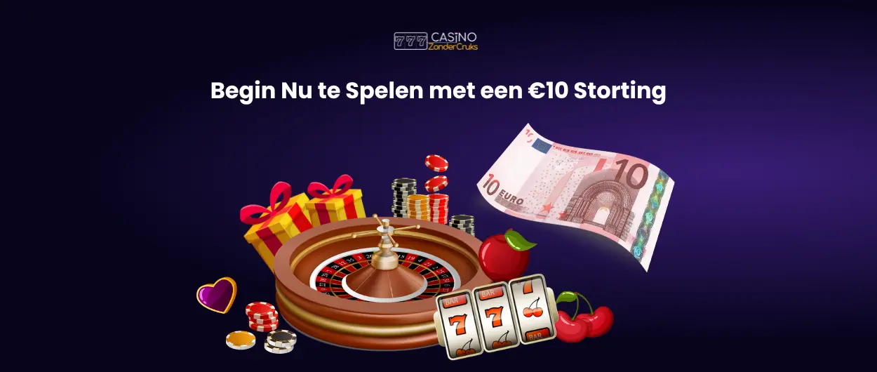 €10 bankbiljet met een roulettetafel en fruitautomaat symbolen, met geschenken en casinofiches.