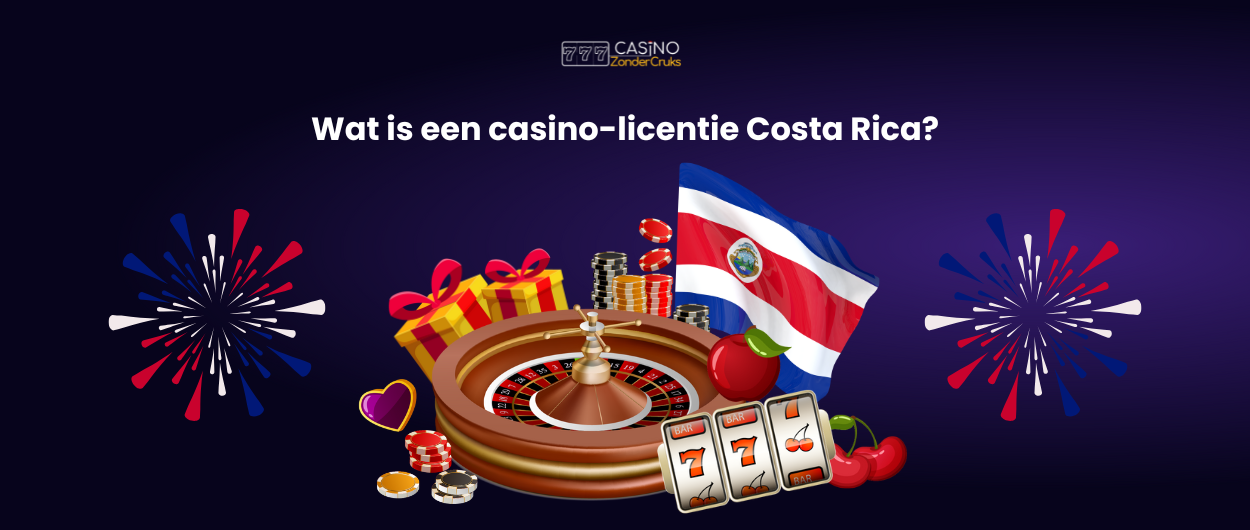 Een afbeelding van een casinotafel met een rouletteschijf, speelkaarten, dobbelstenen, geschenken en de vlag van Costa Rica, met de tekst 'Wat is een casino-licentie Costa Rica?' erboven.