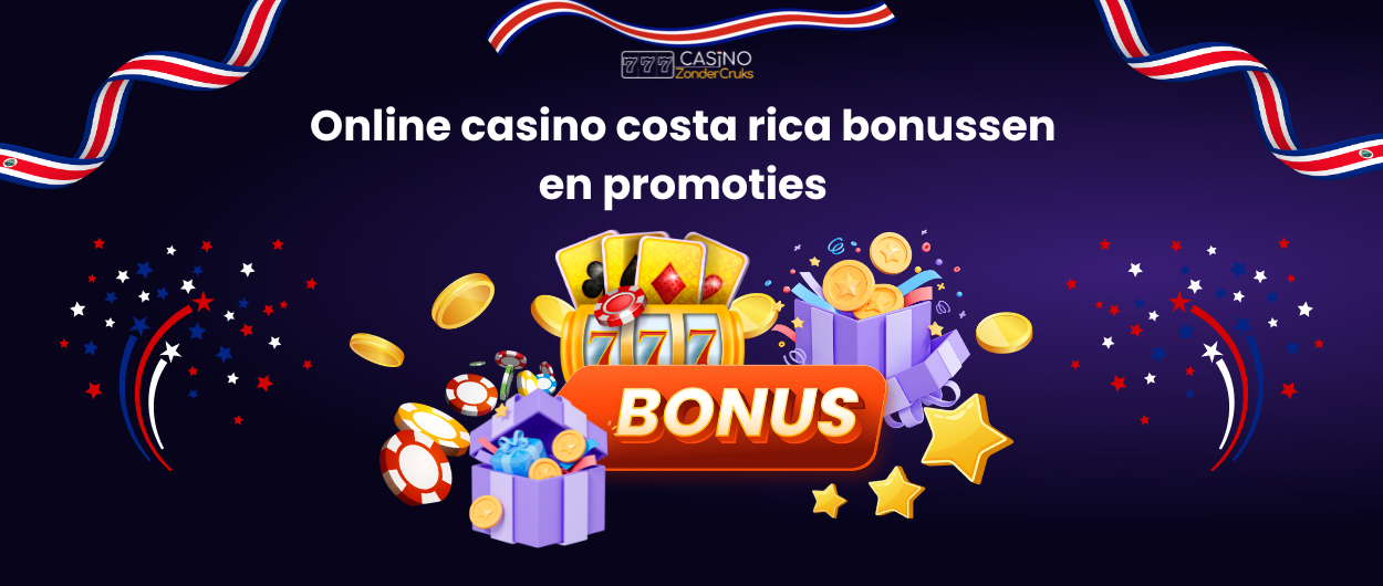 Afbeelding met de tekst 'Online casino costa rica bonussen en promoties', versierd met speelkaarten, fiches, munten en geschenkdozen met het woord 'BONUS'. De Costa Ricaanse vlag is ook zichtbaar.