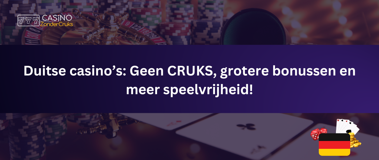 Banner over Duitse casino's, met de tekst 'Geen CRUKS, grotere bonussen en meer speelvrijheid!' naast casinospellen zoals roulette, dobbelstenen, en kaarten, met een Duitse vlag.
