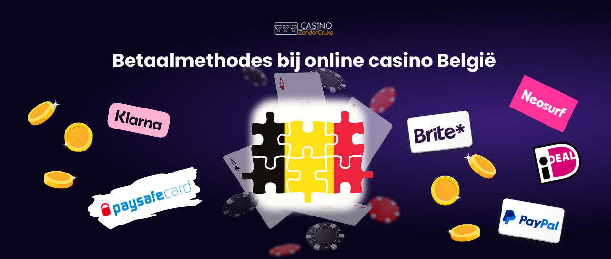  Betaalmethodes bij online casino België met populaire opties zoals Klarna, Neosurf, Brite, iDEAL, PayPal en Paysafecard rond een Belgische puzzelvlag.