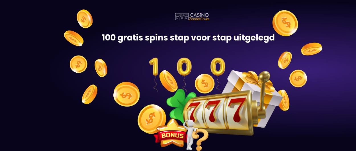  Bannerafbeelding met gouden munten, cadeau en een gokautomaat met drie zevens, met de tekst “100 gratis spins stap voor stap uitgelegd” bovenaan.