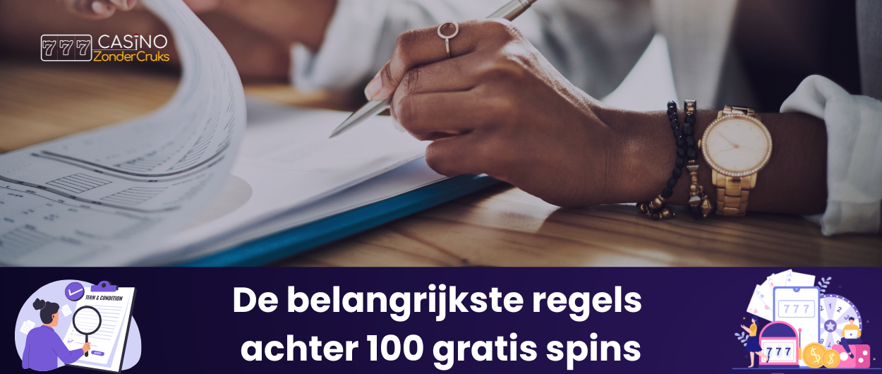 Banner met hand die door documenten bladert en tekst: De belangrijkste regels achter 100 gratis spins, met casino- en bonusiconen.