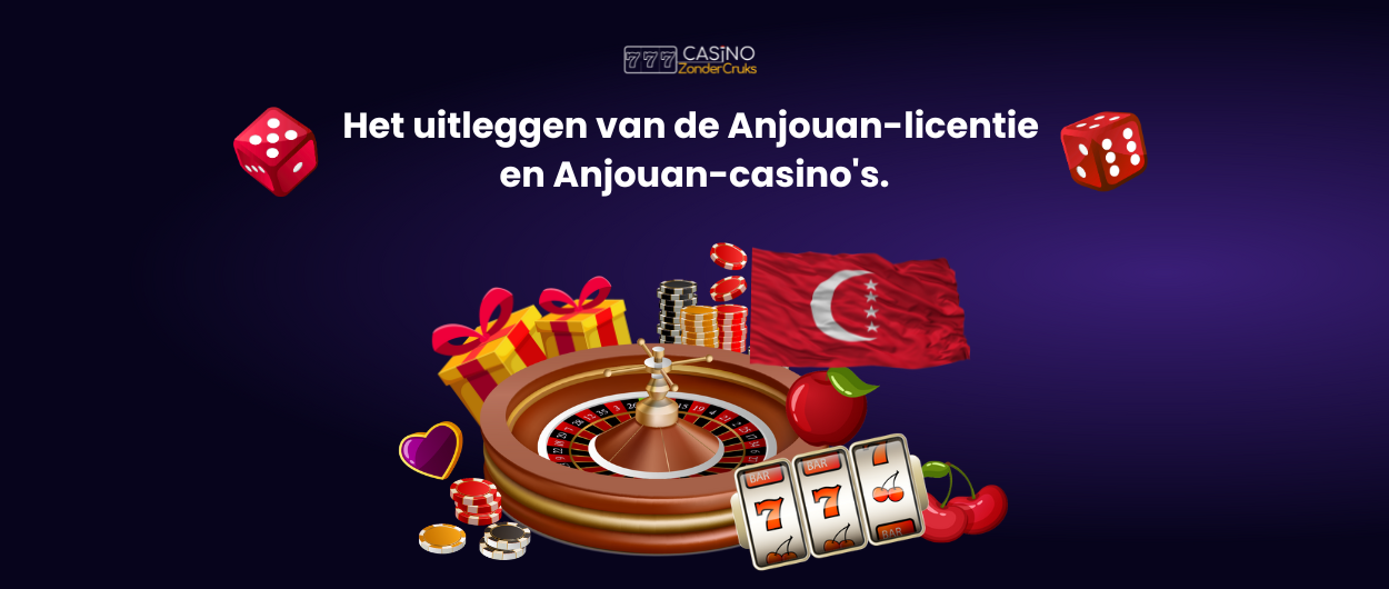 Afbeelding met de vlag van Anjouan, dobbelstenen, roulettewiel, fruitautomaten en cadeaus, symboliserend gokken en Anjouan-casino's.