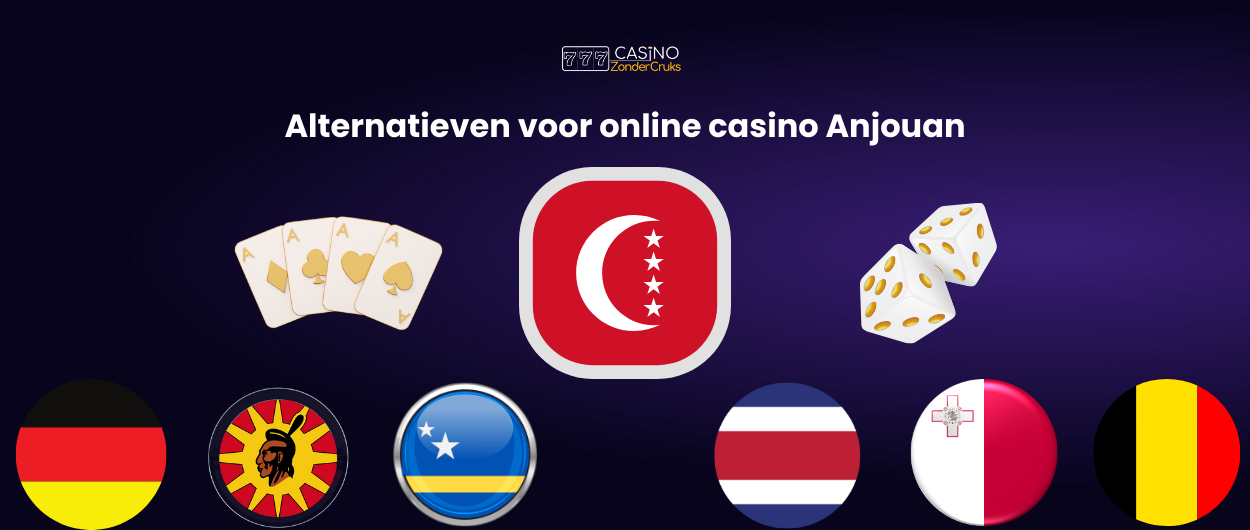 Afbeelding met de vlag van Anjouan en vlaggen van andere landen, kaarten, dobbelstenen en het tekst 'Alternatieven voor online casino Anjouan'.