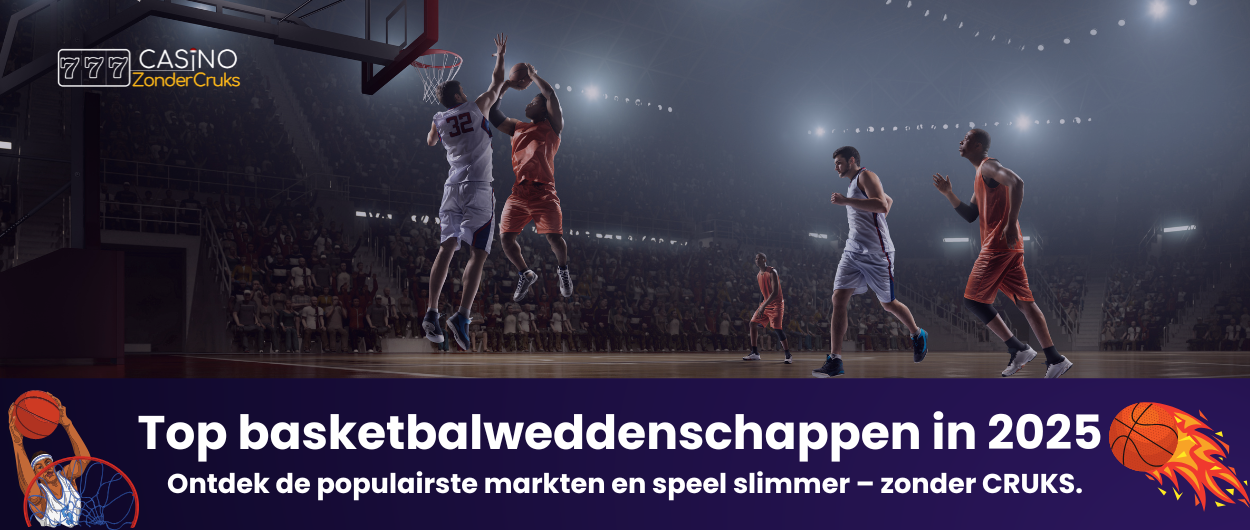 Basketbalspelers strijden op het veld tijdens een wedstrijd. De afbeelding promoot top basketballweddenschappen in 2025, met de tekst 'Top basketbalweddenschappen in 2025'