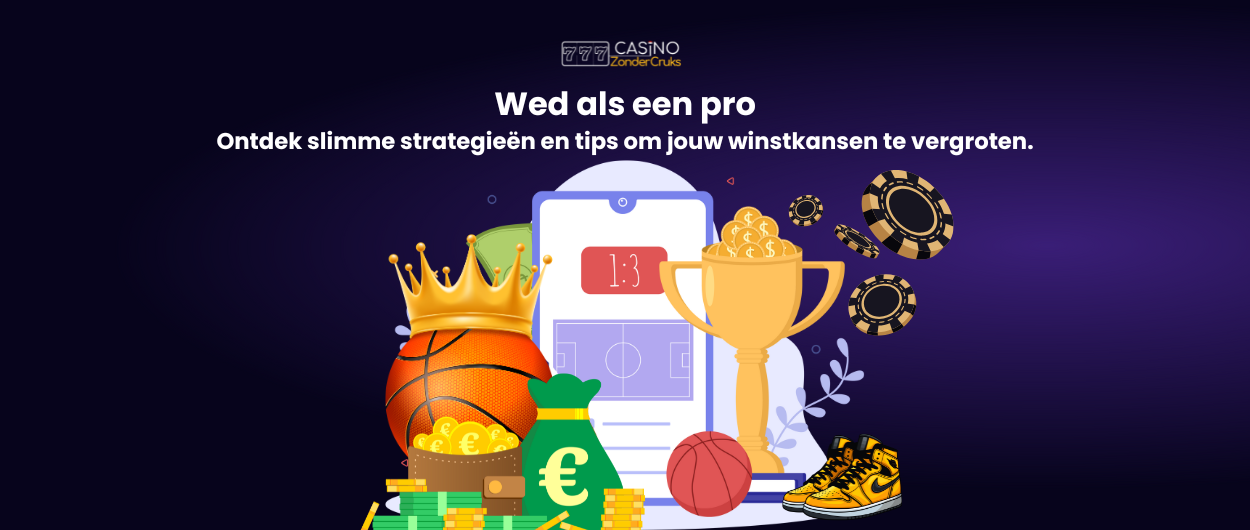Een illustratie van basketballweddenschappen, met een basketball, een telefoon met een score, een kroon, een trofee en symbolen van geld, allemaal symbolen van slim wedden.