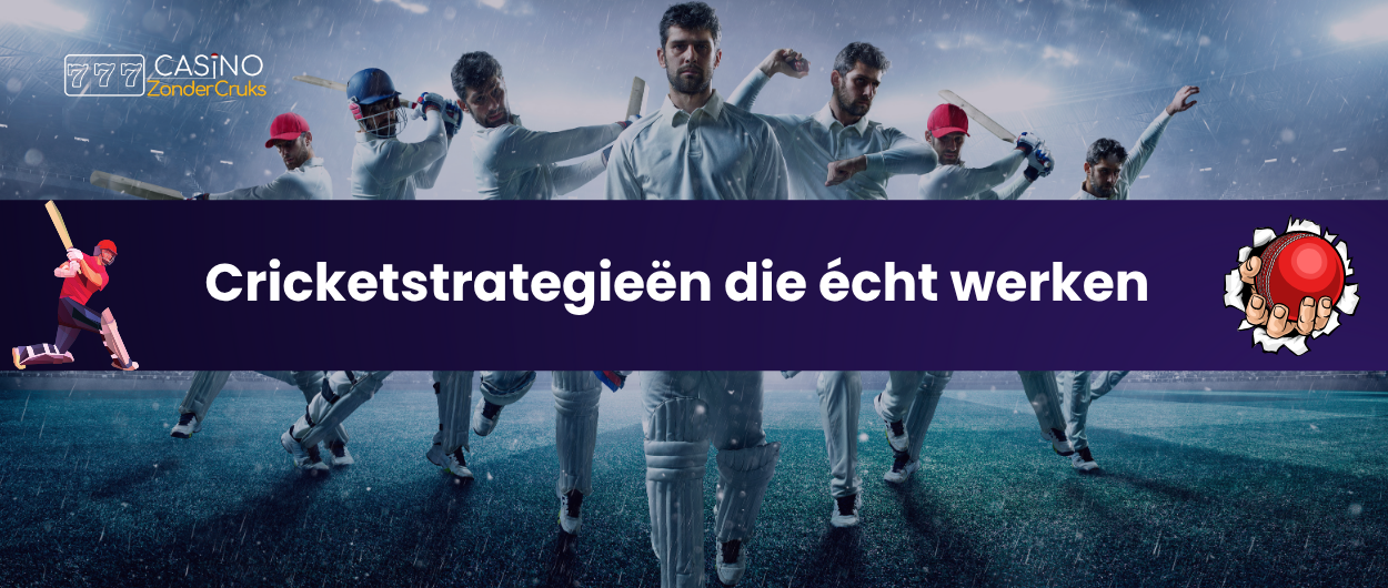 Vijf cricketers in actie op het veld, die verschillende slagen maken, met de tekst 'Cricketstrategieën die écht werken' en een icoon van een cricketbal aan de rechterkant.