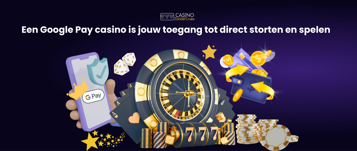 Bannerafbeelding met een smartphone waarop Google Pay staat, gouden munten, fiches, dobbelstenen, een roulettewiel en een slotmachine, met de tekst: ‘Een Google Pay casino is jouw toegang tot direct storten en spelen’.