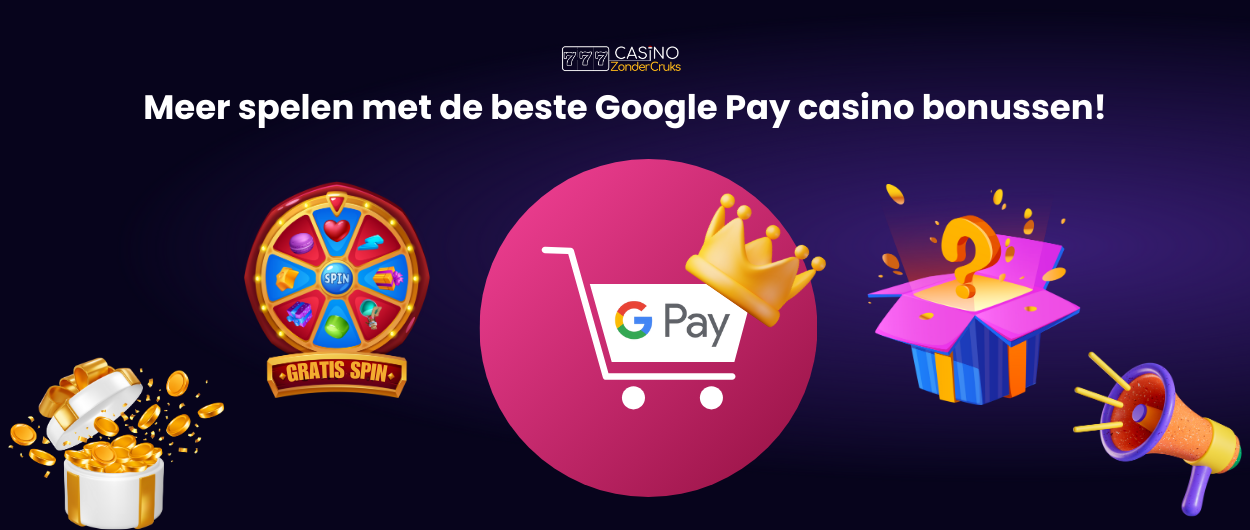 Bannerafbeelding met een wiel van fortuin, een Google Pay-logo, een cadeauverpakking, gouden munten en een feesthoorn, met de tekst: ‘Meer spelen met de beste Google Pay casino bonussen!’.