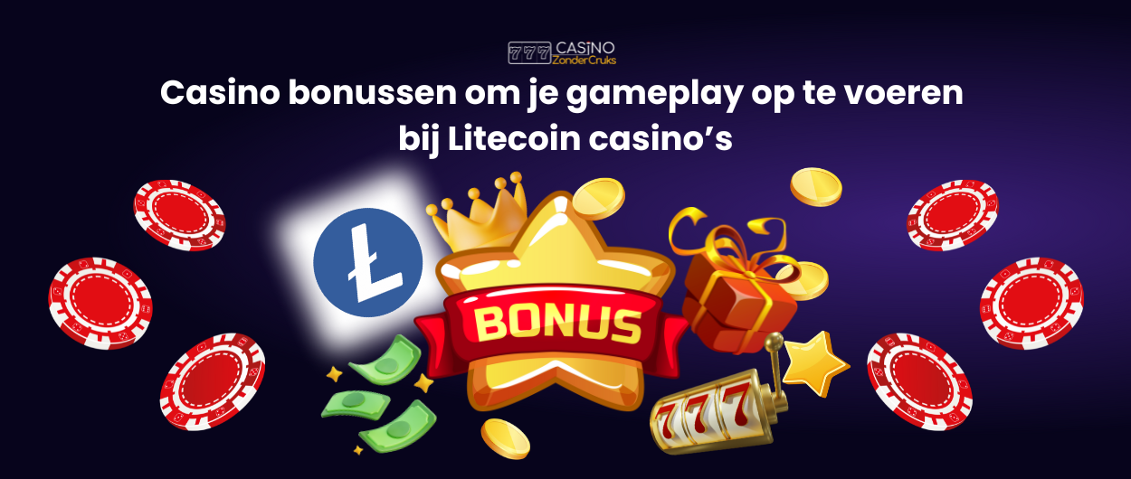 Afbeelding met de tekst 'Casino bonussen om je gameplay op te voeren bij Litecoin casino’s', met een Litecoin-logo, fiches, geld, sterren, een gouden ster met het woord 'BONUS' en geschenkdozen.