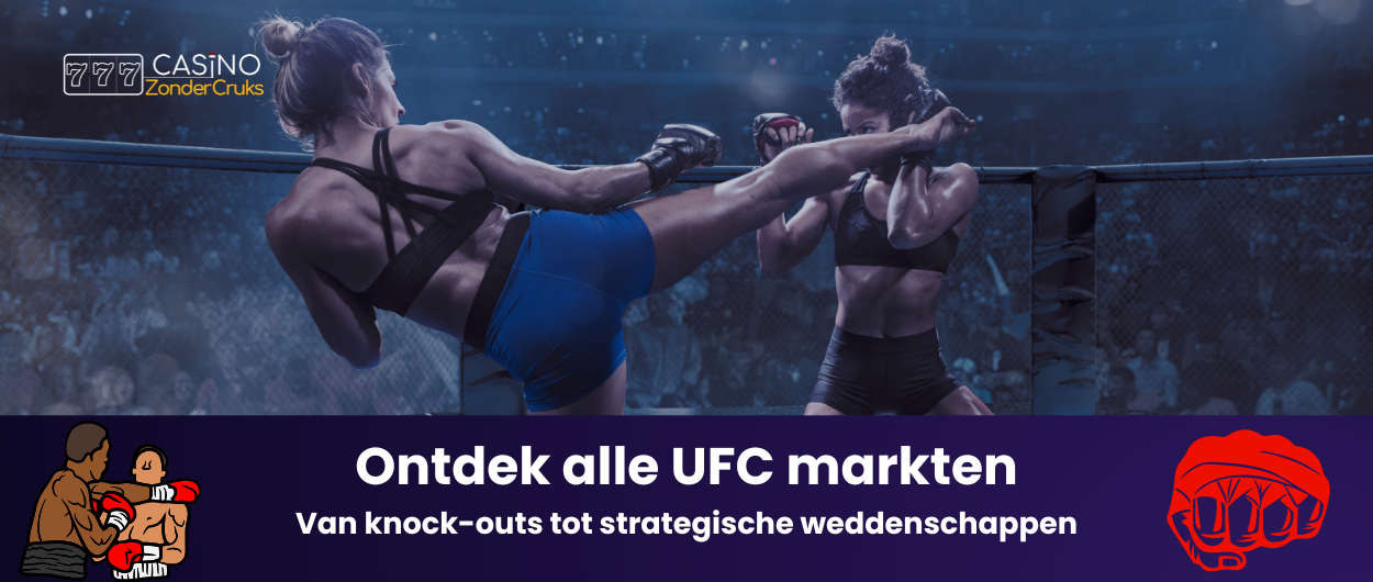 Illustratie van een UFC-vechter die een trap uitvoert in de octagon, omgeven door een kleurrijke banner met de tekst 'Ontdek alle UFC markten'. Er zijn ook iconen van vechters in een gevecht en een vuist.