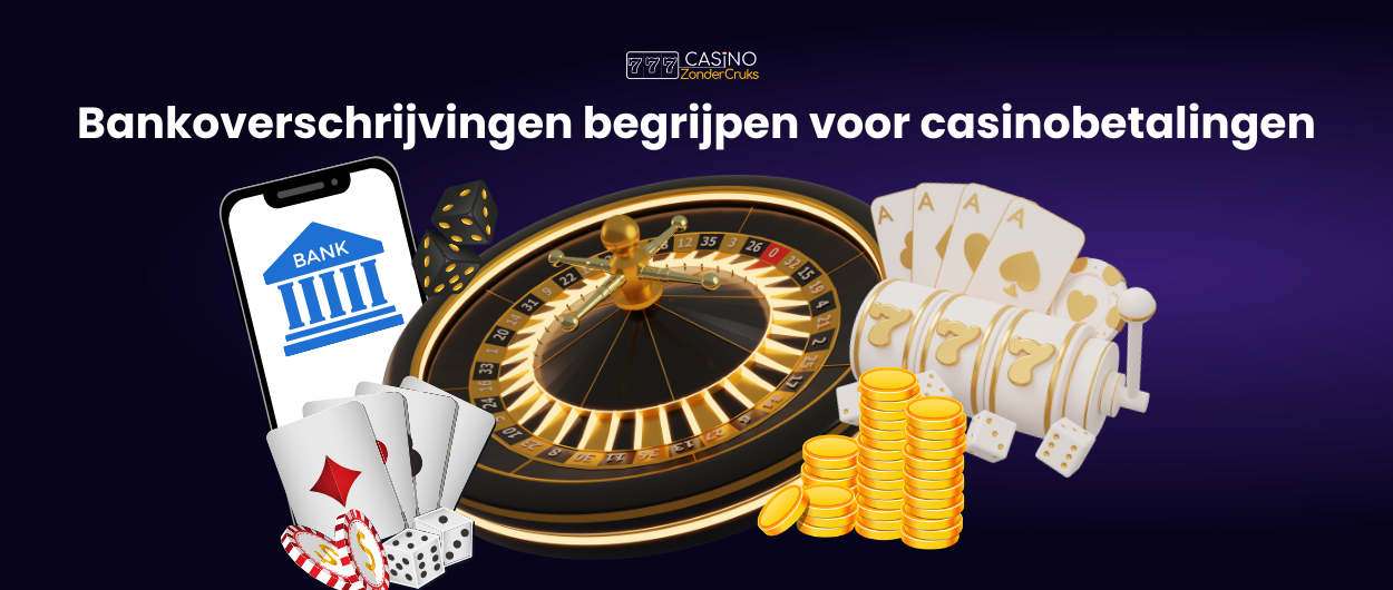 Afbeelding van een telefoon met het banklogo, roulettewiel, dobbelstenen, speelkaarten, gokautomaten en munten, met de tekst 'Bankoverschrijvingen begrijpen voor casinobetalingen'.