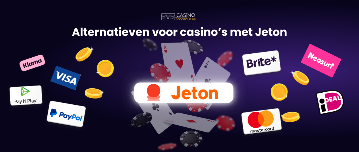 Afbeelding van verschillende betaalmethodes zoals Klarna, Visa, PayPal, iDEAL en meer, naast het Jeton-logo, met de tekst 'Alternatieven voor casino’s met Jeton' en speelelementen zoals kaarten en fiches.